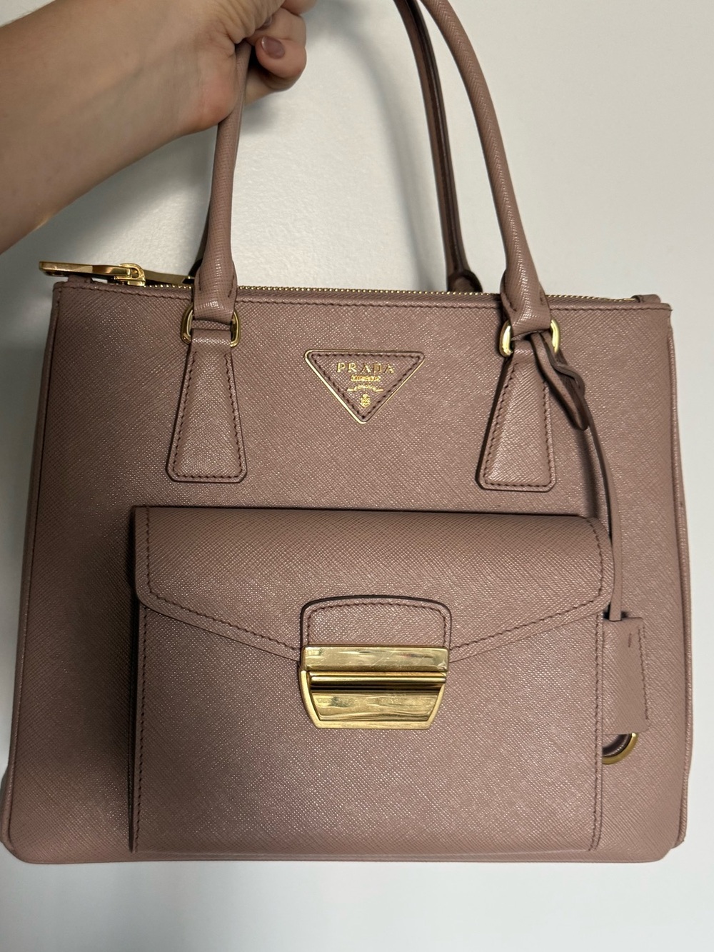 Prada Taupe Saffiano Lux Leather Tote with Front Pocket